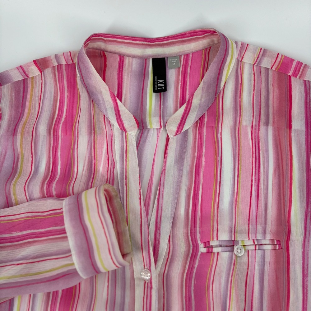 KUT from the Kloth Womens Pink Striped Roll Tab Button Down Blouse Size M